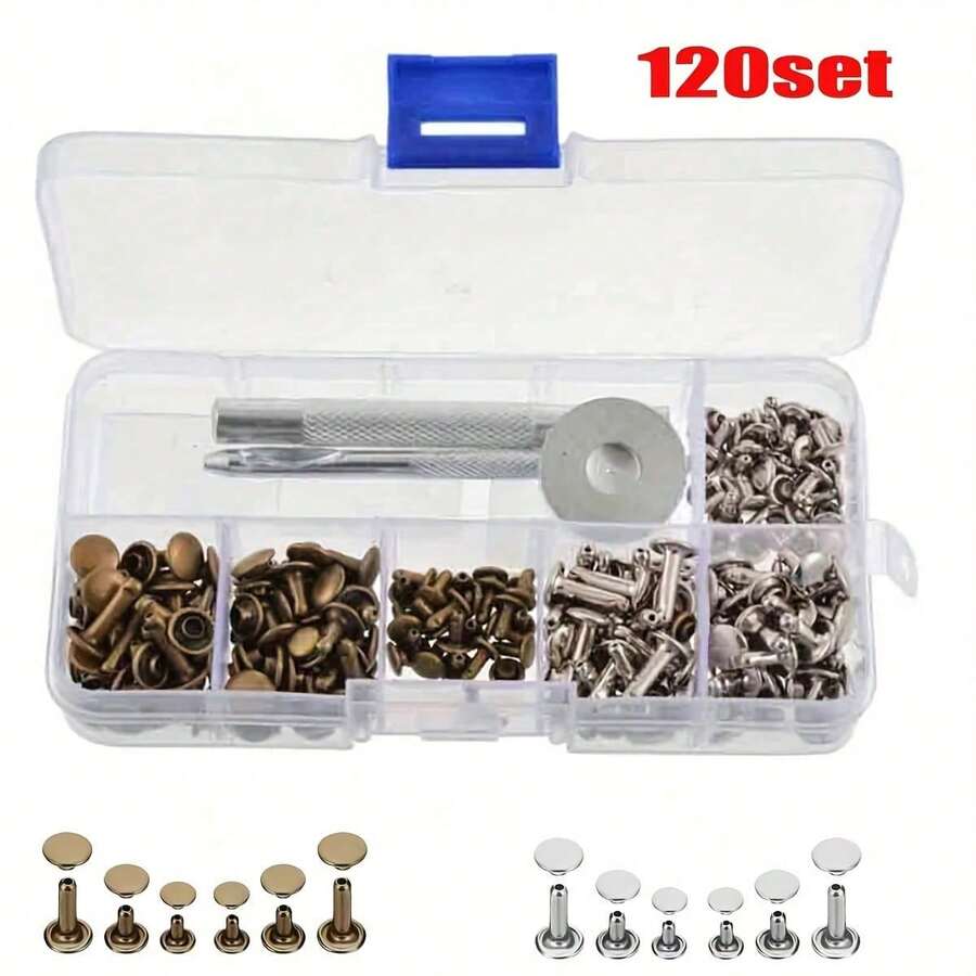 120 Sets Metal Double Cap Round Tip Rivets Suitable For DIY Leather Craft Bags Belts Clothing Shoes Pet Collars Repair Tools - 120set - View 1