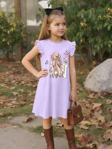 This Round Neck Short Sleeve Dress Features Fairy And Butterfly Print Design, Comfortable And Fashionable, Suitable For Summer Casual Wear - Mauve Purple - View 1