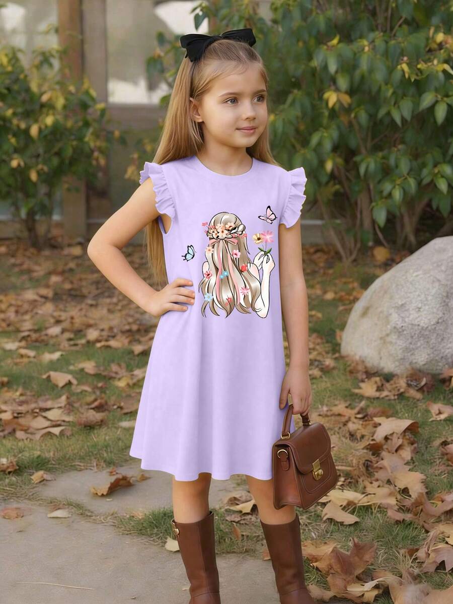 This Round Neck Short Sleeve Dress Features Fairy And Butterfly Print Design, Comfortable And Fashionable, Suitable For Summer Casual Wear - Mauve Purple - View 1