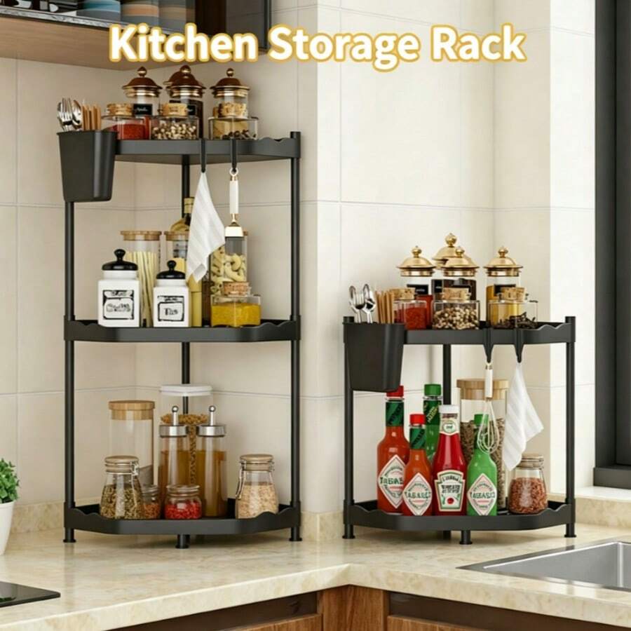 26 Inch Height Small Corner Storage Shelf, 3 Tier Space Saving Freestanding Corner Organizer With Utensil Holder, For Small Bathroom, Tiny Kitchen Toilet Corner - Black - View 1