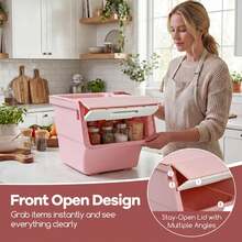 3 PCS Storage Bins On Wheels With Stay-Open Lid For Kitchen Bedroom Laundry Closet White + Gray/White + Natural/White + Pink - Pink - View 4