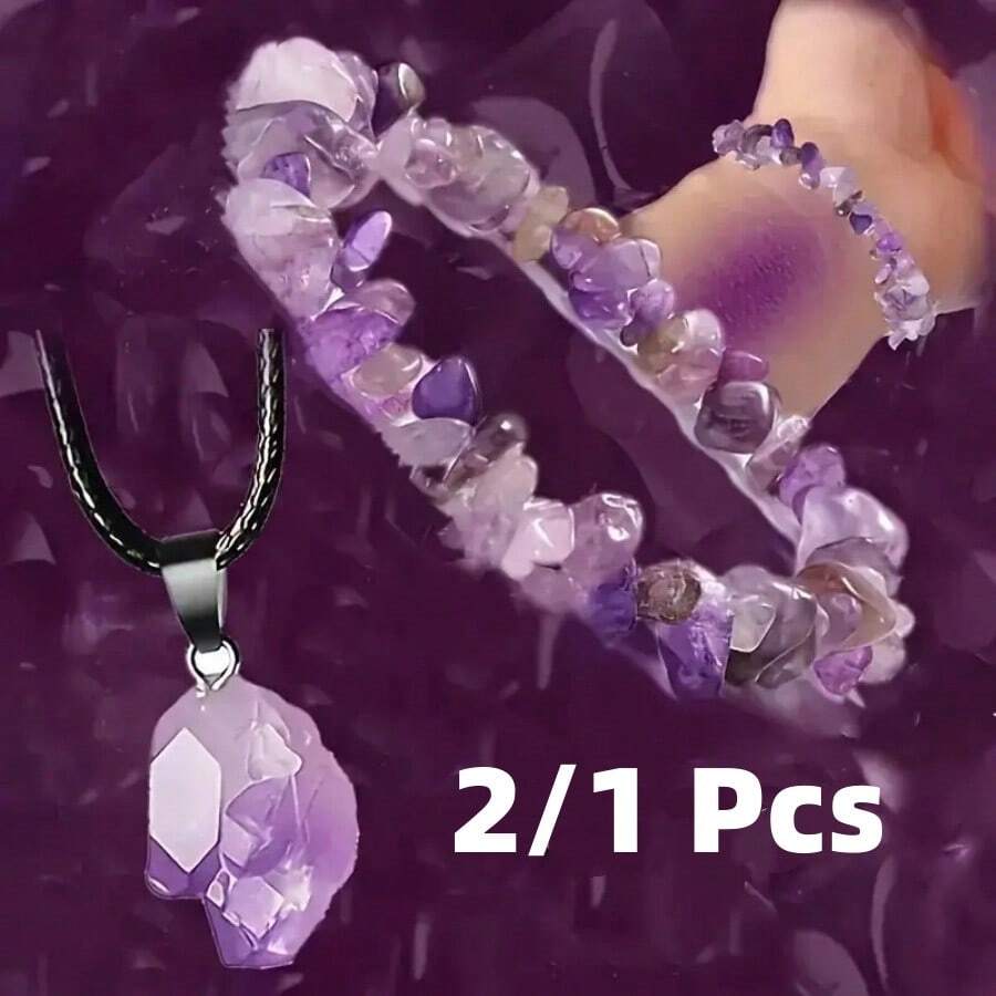 療癒水晶紫水晶項鍊與手鍊套組 - 天然寶石能量飾品 男女通用 - 情侶完美禮物 - 2/1件裝 - 多色 - 查看 1