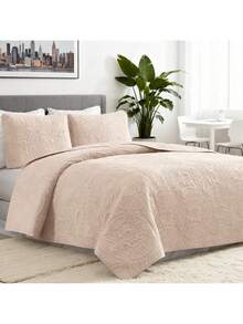 All Season Multi-Purpose 3 Pieces Quilt Bed Cover Set Classic Vintage Coin Embossed Design Premium Microfiber Anti-Allergy Dust Proof Durable Washable Soft Bedspread Kit Perfect For Dorm Room Master Bedroom Holiday Guest Room Daily Use - Khaki - View 3