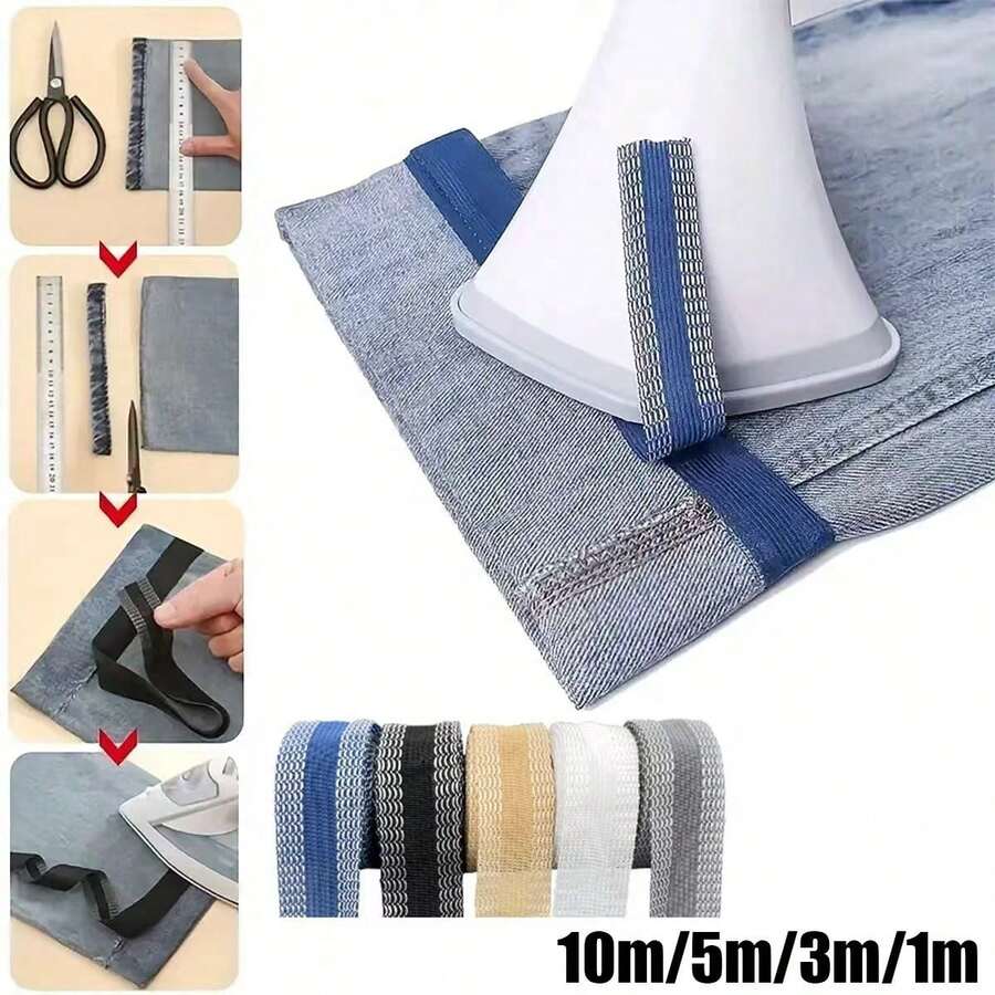 10m/5m/3米/1米 燙貼式褲腳貼布，自黏式褲腳貼紙，褲腳縮短修補貼片，DIY縫製布料免剪褲腳貼紙，褲腳縮短貼紙，適用於縮短牛仔褲、長褲、衣物、裙子及DIY縫製
