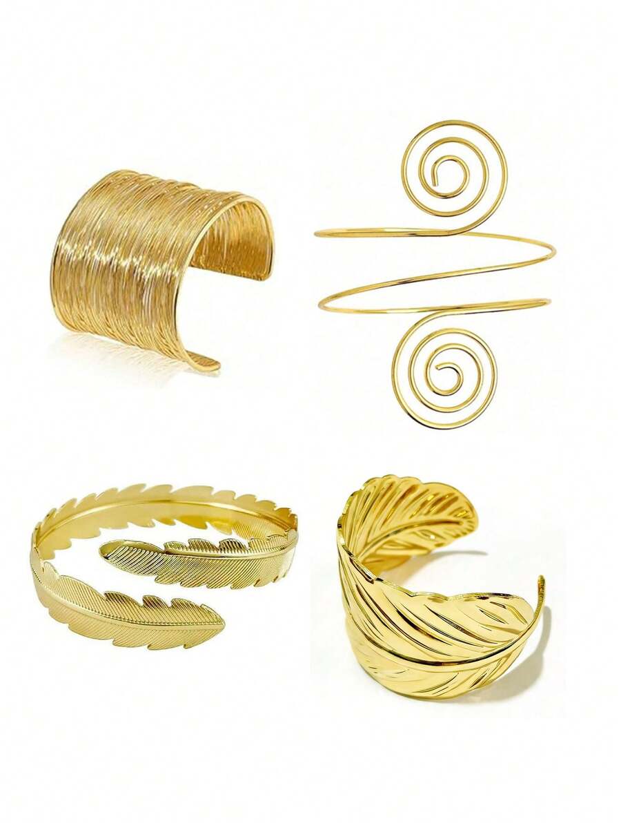 4pcs/Set Luxury Elegant Coil Leaf Bracelet, Spiral Feather Arm Ring, Women's Party, Wedding Banquet Accessories, Fashionable Elegant Style, Suitable For Vacation Party Outings, Gift Giving - Gold - View 1