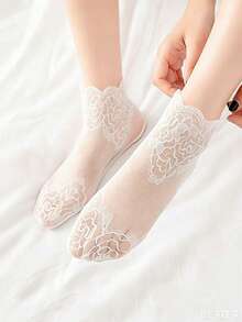 chuanwa（2） 1/5/10 Pasang Kaos Kaki Pendek Berenda Motif Mawar Transparan, Ringan dan Bernapas untuk Wanita, Cocok untuk Pemakaian Sehari-hari - MultiWarna - View 4