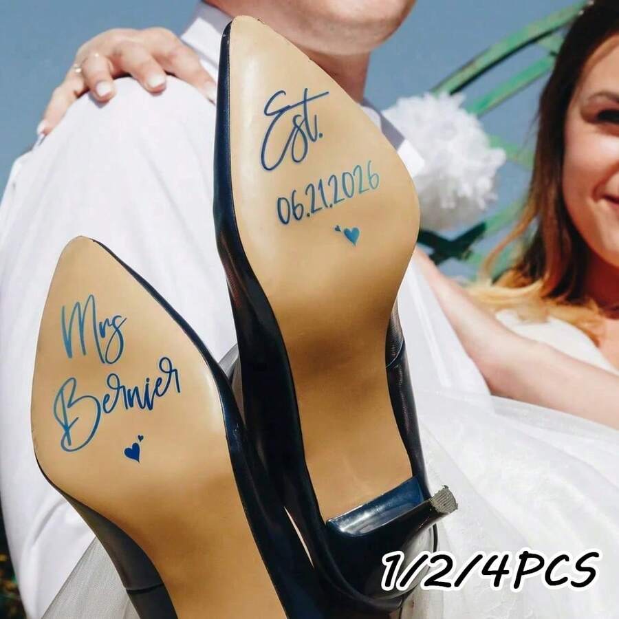 1/2/4pcs Personalized Waterproof Mrs Heart-Shaped Wedding Shoe Stickers, With Text And Date, Custom Glitter Name & Word Stickers, High Heel Shoe Decals, Bride Bridesmaid Wedding Anniversary Gift - Multicolor - View 1