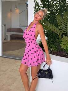 New Polka Dot Halter Dress With Off-The-Shoulder Neckline - Pink - View 3