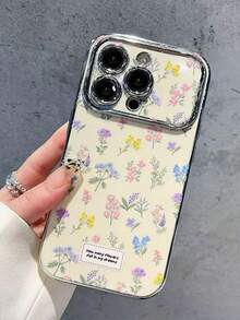 1pc Silver Electroplated Large Window Fresh Floral Pattern Phone Case, Small Flower Elements, Fresh And Cute, Fashion Phone Case, Compatible With Apple 17Promax/16Promax/15Promax/17Pro/17/16/15/14/13/12/11 - Silver - View 1