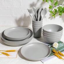 - Juego de 28 platos y cuencos de cocina, juego de vajilla de paja de trigo, platos irrompibles y juegos de cuencos para 4, platos reutilizables para uso diario y campamento, decoracin de cocina - 28 piezas (4 invitados) + Gris,claro - Ver 7