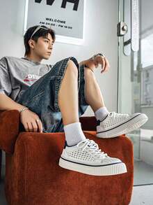 Men's Summer New Style Color-Block Mesh Thick Sole Sports Shoes, Breathable Woven Lace-Up Casual Sneakers, Thick Sole Skateboard Shoes, Versatile Daily Shoes, Breathable Lace-Up Casual Sports Shoes, Thick Sole Comfortable Shoes Suitable For Students And Daily Wear, White And Red Color-Block Thick Sole Mesh Sports Shoes, Retro Woven Lace-Up Casual Men's Shoes, Summer Breathable Versatile Fashion Sports Shoes - Mi Hong - View 9