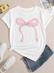 Camiseta de mujer con dise?o de bow rosa, estilo casual, algodón premium, cómoda, resistente, impresión gráfica única - Blanco - Ver 2
