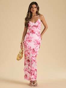 xheSHEIN  Vestido con estampado floral, dobladillo con volantes en capas, elegante atuendo casual de playa y fiesta de verano para mujerxhe - Rosa - Ver 1