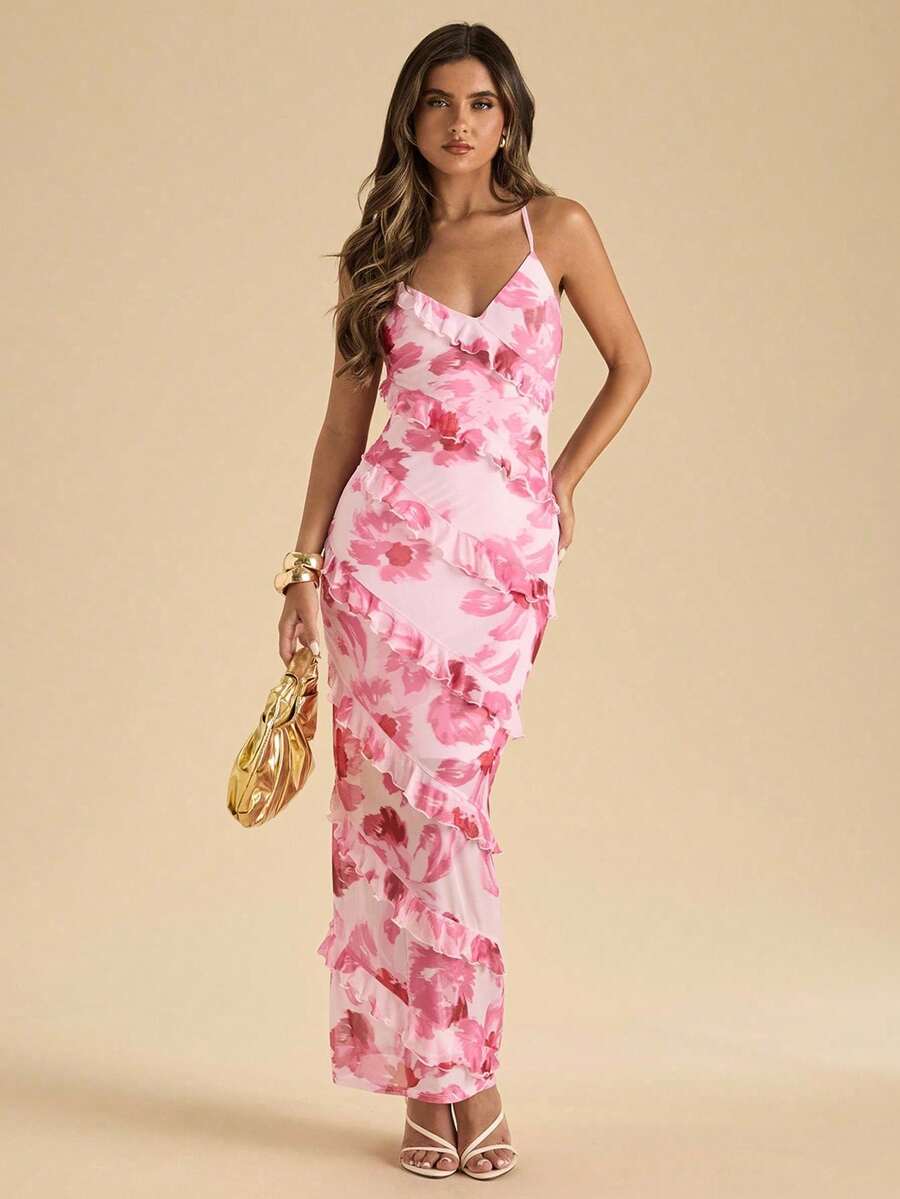 xheSHEIN Vestido con estampado floral, dobladillo con volantes en capas, elegante atuendo casual de playa y fiesta de verano para mujerxhe - Rosa - Ver 1