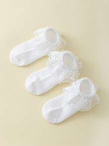 3 pares de calcetines con ribete de encaje, calcetines blancos, calcetines de estudiante, versátiles para todas las estaciones, calcetines de princesa - Blanco - Ver 5