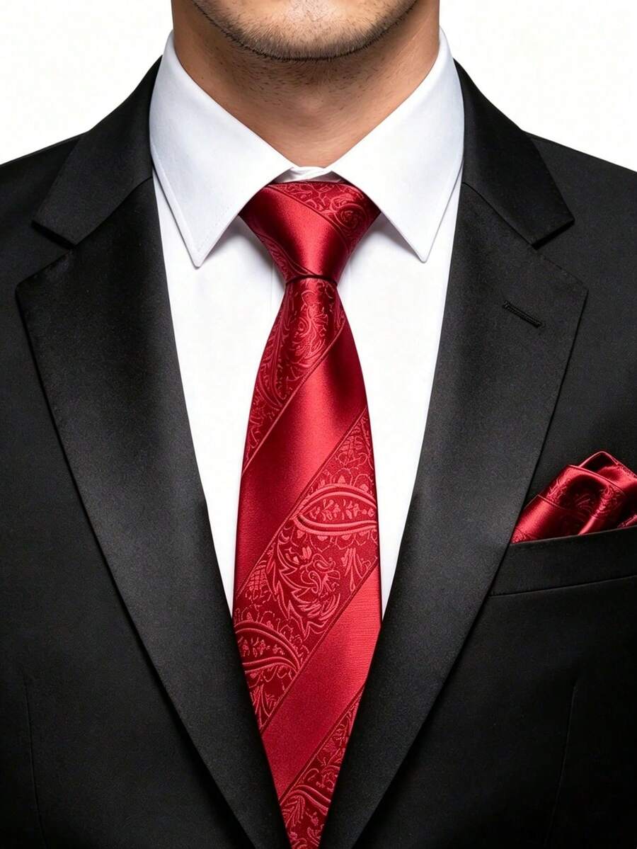 男士領帶套裝,經典時尚領帶與口袋巾套裝,適用於婚禮、商務及宴會 - 紅色 - 查看 1