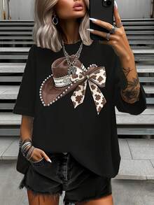 Women's Summer T-Shirt With Print - 黑色 - 查看 1
