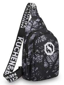 Bolso de pecho con estampado estilo callejero con correas anchas para los hombros y cinta con letras, versátil para desplazamientos diarios y actividades al aire libre - Multicolor - Ver 9