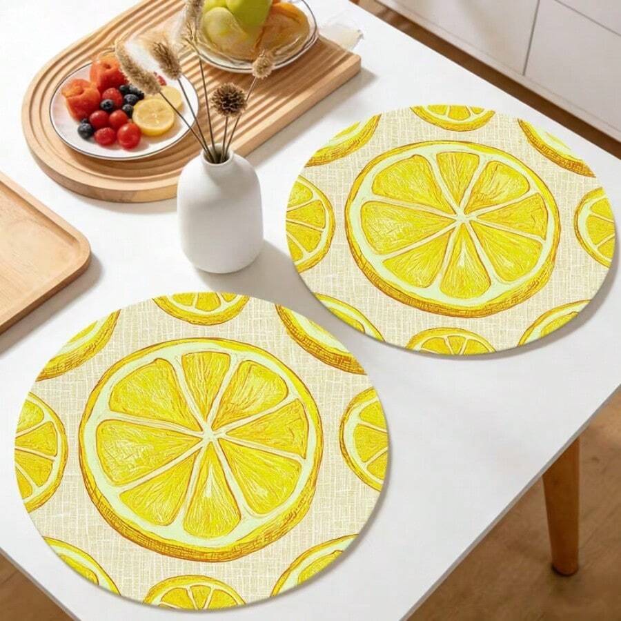 1/2/4/6/8/300 Pieces Of Luxury Fruit Series Placemat Set, Printed With Fresh Lemon Slice Pattern. Machine Washable Polyester Material, Anti Fouling, Waterproof, And Easy To Clean. Suitable For Parties And Kitchen Decoration.