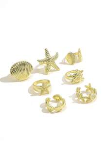 7PCS Summer Vacation Vibe Ring Set, Starfish Shell Turtle Multi- Metal Stackable Rings For Women - Gold - View 6