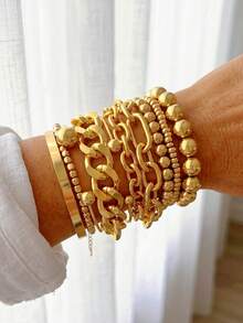 10pcs/7pcs/6pcs/5pcs Pulsera y Brazalete Vintage Moda Elegante Estilo Bohemio Vacaciones Metal Multi-Geométrico Asimétrico Elástico Cuentas Redondas Cuentas Cuadradas CCB Disco Colgante Apilado Gota de Aceite Naranja Flor Cadena Gruesa Hueca Cadena Retorcida Piel de Serpiente Cadena Entrelazada Minimalista Personalizado Básico Y2K Exagerado Multicapa Dorado Adecuado para Mujeres y Hombres Verano Playa Vacaciones Fiesta Cita Regalo Uso Diario Accesorio Versátil - Multicolor - Ver 5