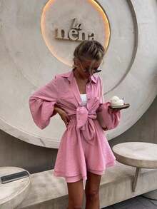 Conjunto mujer manga larga con volantes y pantalones cortos casual - rosa - Ver 2