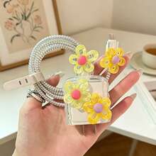 Flower/Coffee/Cherry Style Data Cable Protector Sleeve Compatible With Apple 18-20W Charger, Protective Case Anti-Scratch Anti-Breakage - Multicolor - View 3