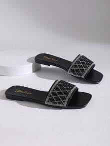 1 Pair Flat Slide Sandals / Solid Color Flat Design Shiny Upper Exquisite Design Rhinestone Decor Easy To Put On And Take Off Easy To Clean Elegant Sophisticated Fashion Versatile Suitable For Daily Wear Shopping Dating Vacation Travel Must-Have Slide Sandals - Black - View 11