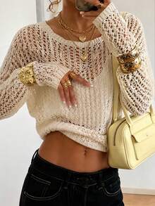 Women's Fashion Casual Hollow-Out Long Sleeve Beach Cover-Up, Solid Color, Spring/Summer - Apricot - View 5