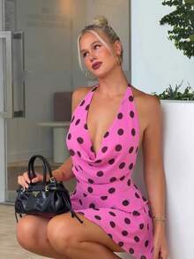 New Polka Dot Halter Dress With Off-The-Shoulder Neckline - Pink - View 1