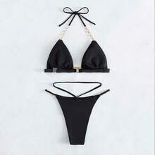 Nuevo modelo 2026: bikini de tres piezas con tirantes y cadena, en color liso, para la playa - Negro - Ver 5
