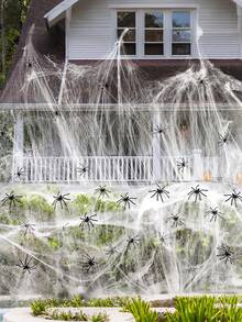 Ghost Halloween Spider Web And Spiders, Halloween Decoration Artificial Spider Web With 10 Fake Spiders, Elastic Spider Web, Scary Party Halloween Decoration, Perfect For Haunted House, Bar Scene Props And Home Decor, Halloween Party, Yard, Doorway And Other Outdoor Decorations - Multiple Styles - View 2