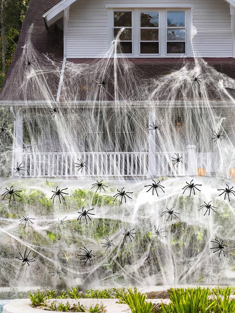 Ghost Halloween Spider Web And Spiders, Halloween Decoration Artificial Spider Web With 10 Fake Spiders, Elastic Spider Web, Scary Party Halloween Decoration, Perfect For Haunted House, Bar Scene Props And Home Decor, Halloween Party, Yard, Doorway And Other Outdoor Decorations