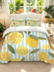 3pcs Blue White Striped & Sweet Lemon Slice Print Duvet Cover Set (1*Duvet Cover + 2*Pillowcase, Without Core), Easy Care,Chic, Lightweight - Baby Blue - View 2