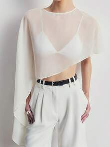 Women Sheer Mesh Poncho Solid Color Round Neck Asymmetrical Hem Loose Shawl Wraps Cape Tops - Blanco - Ver 5