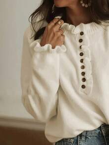 Women's Plus Size Casual Versatile Solid Color Half Button-Down Sweater Loose Pullover Autumn Winter Elegant Valentine For Women Fall - Apricot - View 2