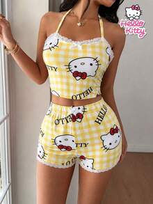 SANRIO 女士吊带背心和短裤两件套，格子花卉图案，蕾丝边饰，可爱性感，舒适 - 黃色 - 查看 2