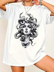 Camiseta de manga corta para mujer,Camiseta para mujer casual manga corta verano, playera estampada con figura mitológica, ideal para uso diario y salidas. - Blanco - Ver 1
