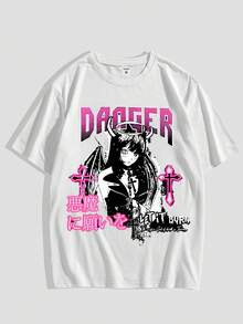 Camiseta de manga corta para hombre con estampado de anime y manga Y2K - Camiseta casual de cuello redondo adecuada para primavera, base de color liso con estiloónico de manga, atuendo ca - Negro - Ver 8