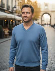 Men's Cold Weather Blouse | Men's Knit Sweater | Winter Knit Wool Pullover Long Sleeve V-Neck - 深藍色 - 查看 1