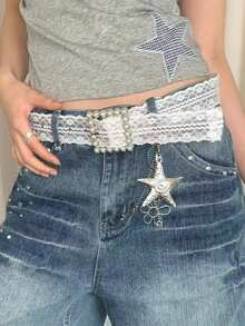 1 pieza Cinturón de encaje de diseño versátil de moda para mujer, accesorio para faldas y jeans - Blanco - Ver 2