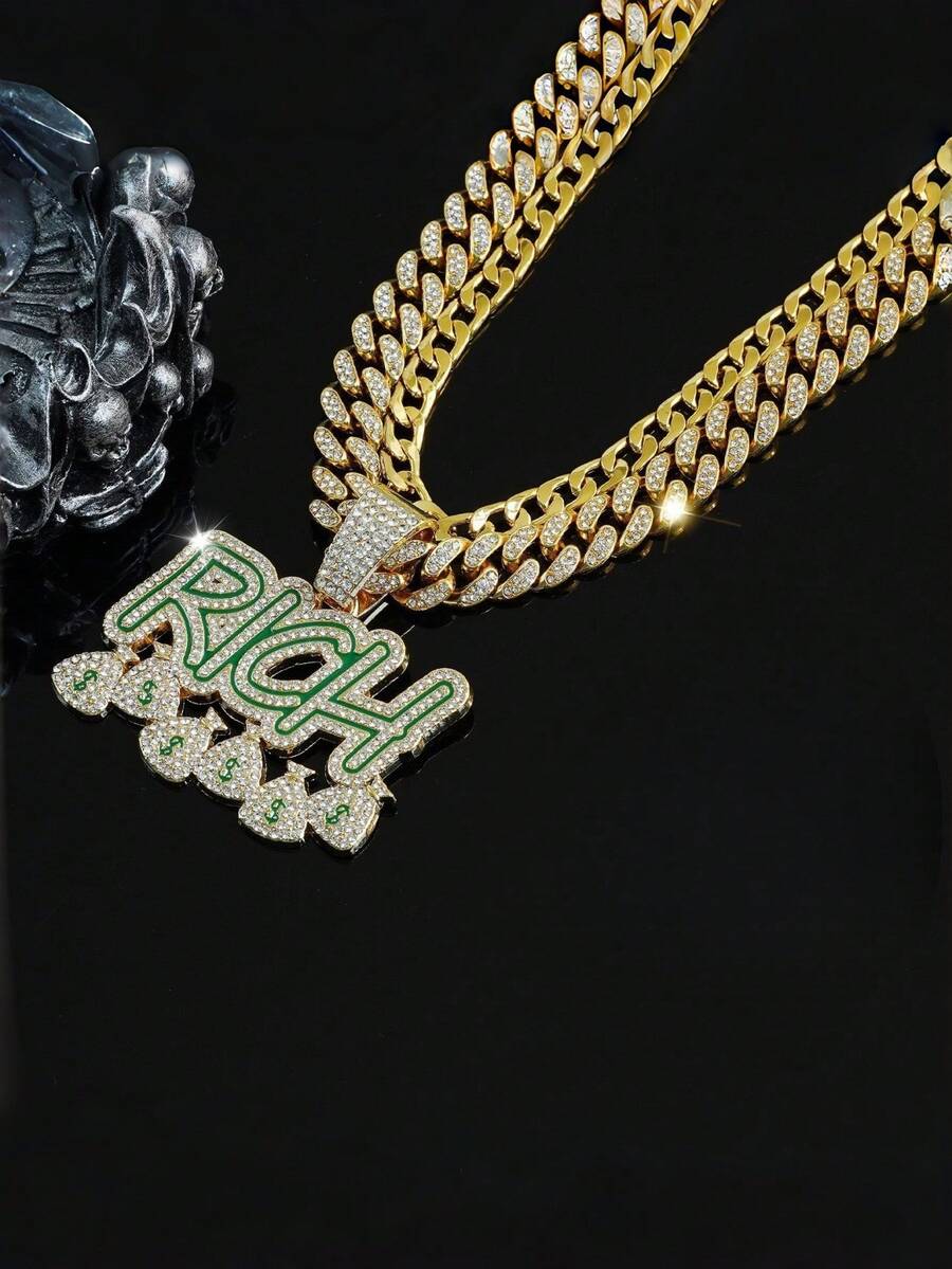 Unisex Hip Hop Cuban Chain Fashion Rhinestone English RICH Dollar Sign Pendant Necklace, Best Gift For Friends And Family - Multicolor 4 - View 1