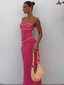 Women'S Chiffon Lace Vest And Skirt Set, High-Saturation Rose Pink Sundress Beach Suit, Suitable For Beach Vacations, Commuting, Holidays, Dates. - 玫紅色 - 查看 2