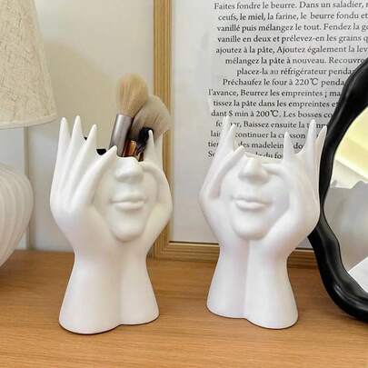 1/2 piezas Soporte para brochas de maquillaje con cara abstracta, estilo nórdico, hecho a mano en cerámica, organizador de almacenamiento multiusos para cosméticos, útiles de escritorio, brochas y bolígrafos, decoración del hogar perfecta, regalo práctico para niñas y mujeres, organizador de maquillaje, decoración de habitación