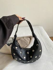 Rivet Crescent Underarm Bag, Adjustable Shoulder Strap Design, Shoulder & Crossbody Dual Use, Versatile Small Bag For Daily Commute And Dating - Black - View 5