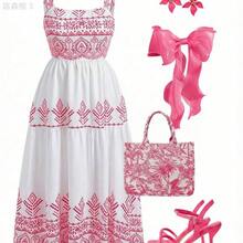 yonghongmaoyi1  Vestido de tirantes finos con volantes en el bajo, estilo romántico y vacacional, en rojo y blanco, para mujer talla grande. Vestido floral, - Azul y blanco - Ver 11