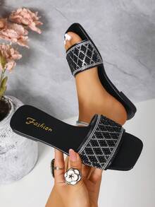 1 Pair Flat Slide Sandals / Solid Color Flat Design Shiny Upper Exquisite Design Rhinestone Decor Easy To Put On And Take Off Easy To Clean Elegant Sophisticated Fashion Versatile Suitable For Daily Wear Shopping Dating Vacation Travel Must-Have Slide Sandals - Black - View 5