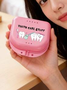 牙科牙套假牙收納盒，帶牙齒圖案與「Tooth Care Stuff」字樣，護齒器收納盒，假牙盒，耐用通風牙套盒，牙套收納盒，牙科收納盒，假牙放置盒，牙科配件，假牙套，牙齒 - 彩色 - 查看 3