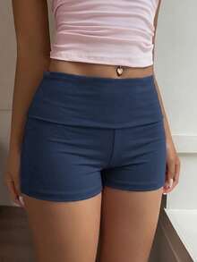 Summer Women's Y2K Style Striped Shorts, Low Waist Foldable Waistband Design, Perfect For Casual, Home, Street And Daily Commute - Navy Blue - View 8