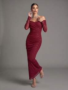 D&M Women's Sexy Ruched Off-Shoulder Fitted Long Sleeve Party Dress Wedding - Burgundy - View 4